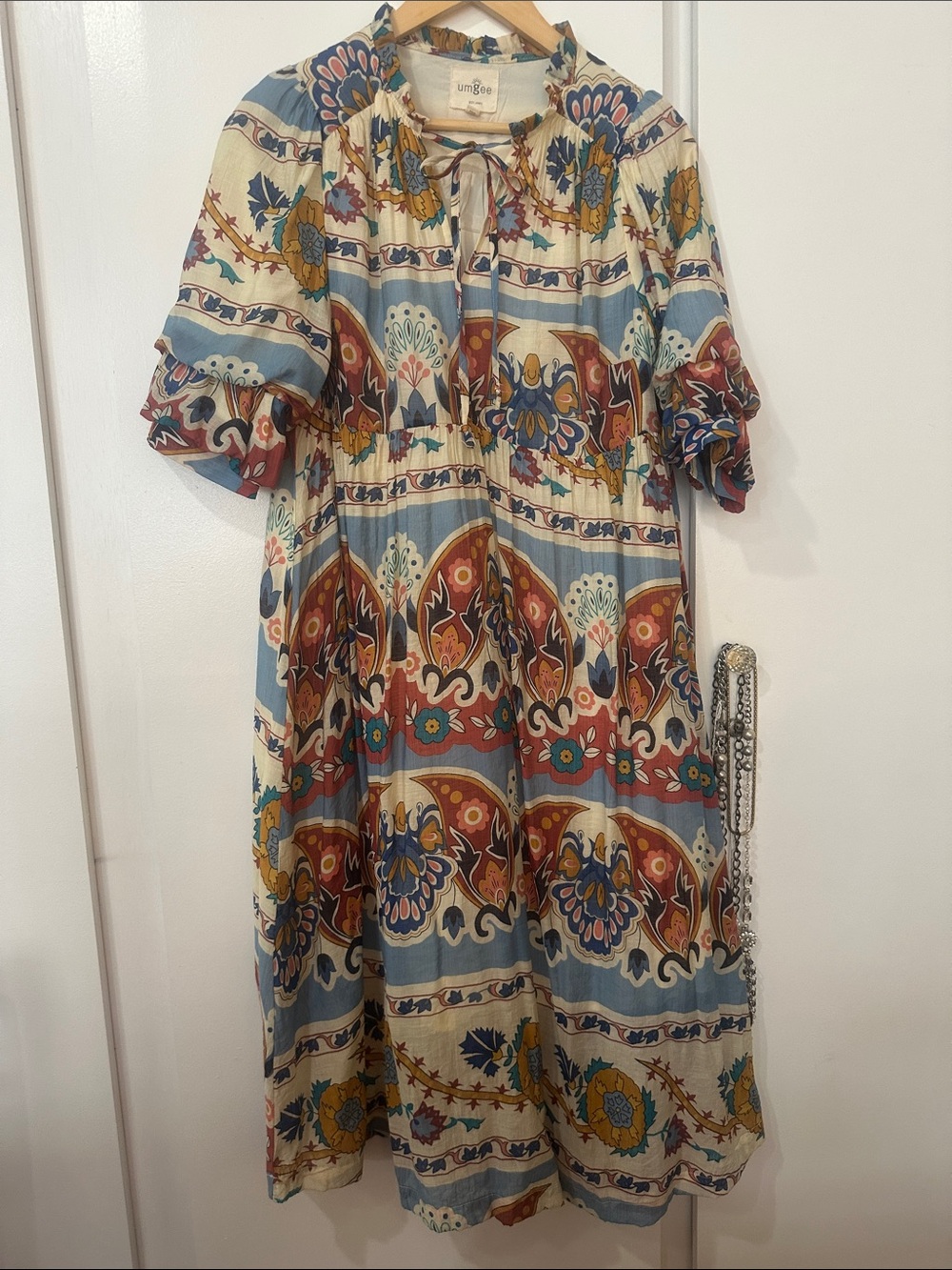 Umgee Blue Paisley Boho Midi Dress with Rust & Mustard Accents